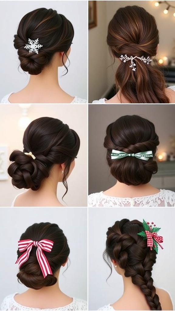 Elegant Christmas Hairstyles for Dark Hair Collage of Christmas hairstyles for dark hair including a low bun, loose waves, half-up twist, and braided crown.